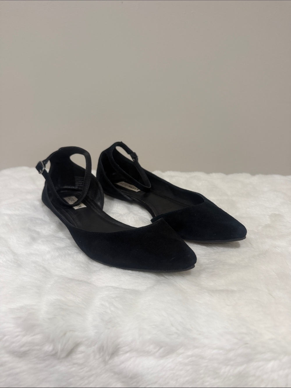 Steve Madden Black Suede Pointed D'Orsay Flats with Ankle Strap